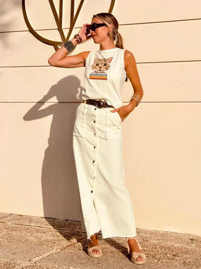 Mariquita Trasquilá Style De Rue | T-shirts^T-SHIRT SANS MANCHES PRINT GATO Blanc